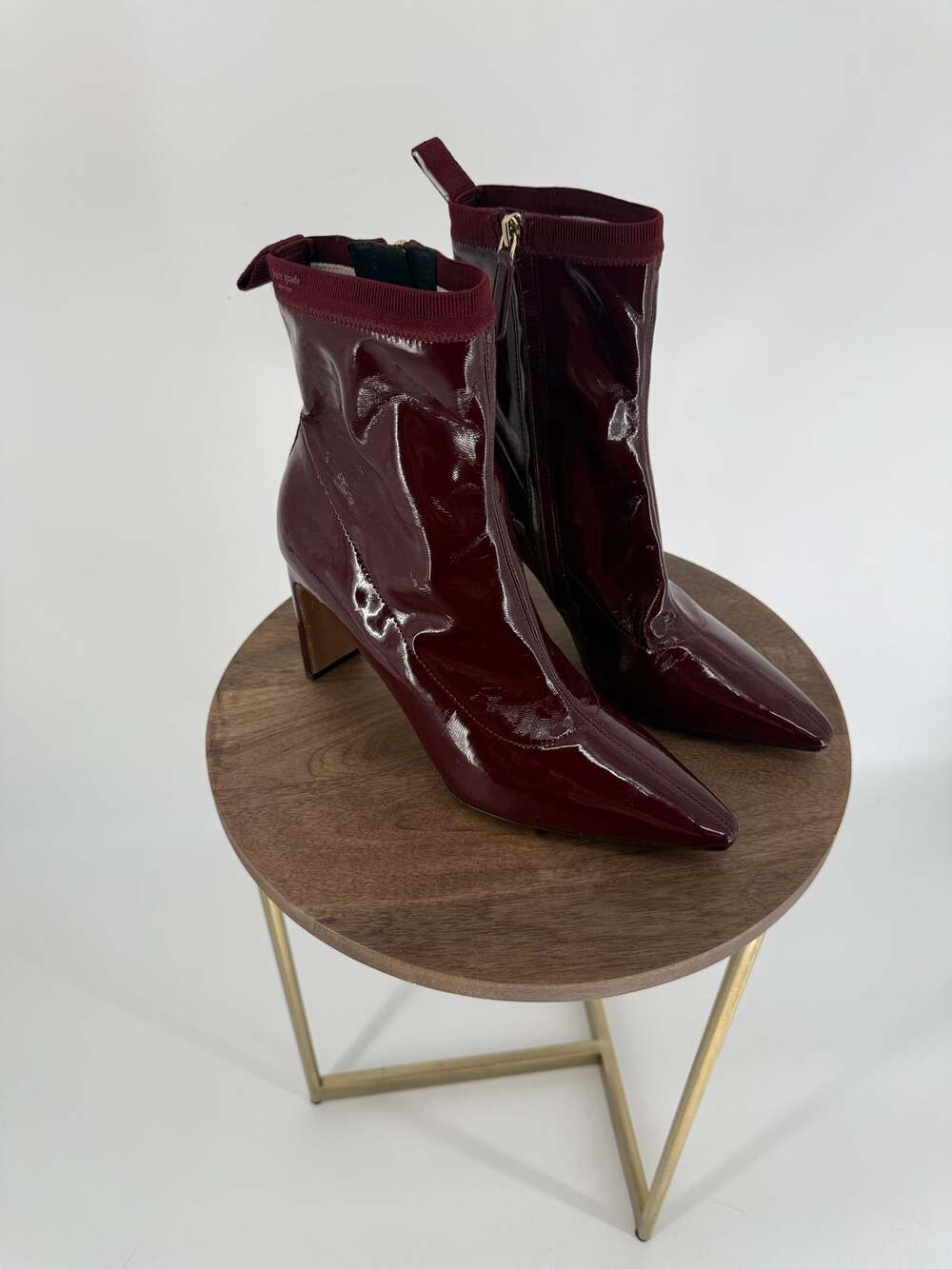 Kate Spade Down Under Bootie Cordovan Burgundy Patent Block Heel Zip 9.5B